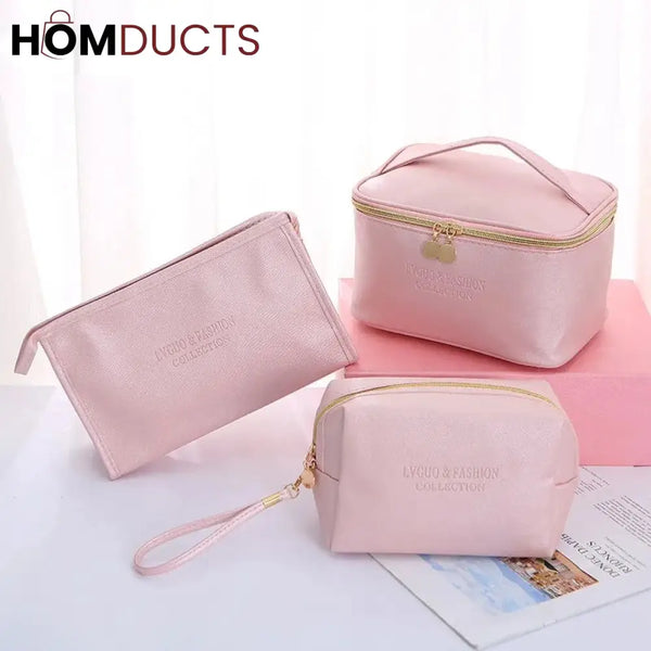 Large Capacity 3Pcs Pu Travel Cosmetic Bag Pink J & C Organizer