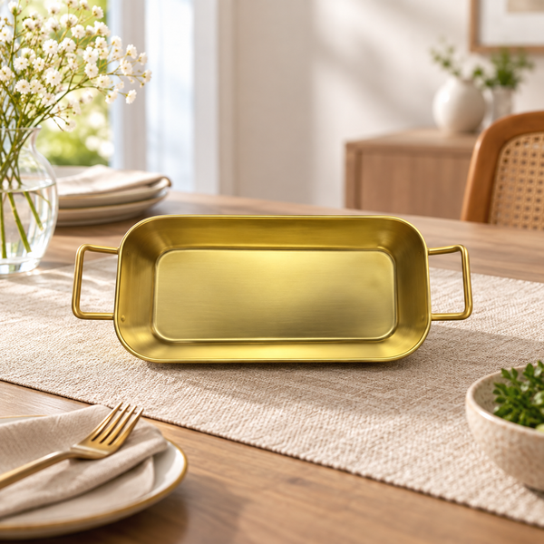 Large Golden Rectangular Serving Basket with Handles
