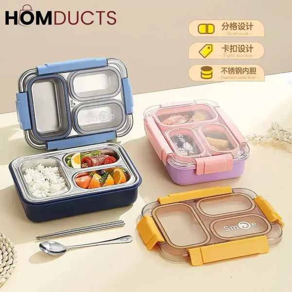 Leak-Proof Stainless Steel Lunch Container with 3 Sections & Utensils