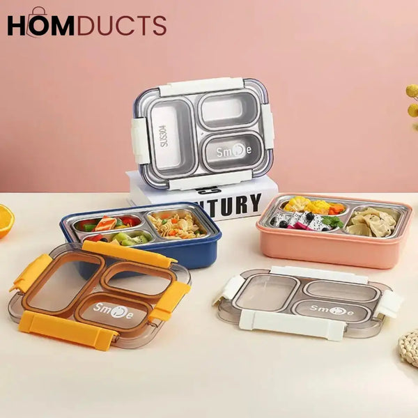 Leak-Proof Stainless Steel Lunch Container with 3 Sections & Utensils