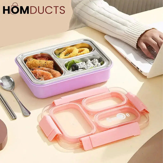 Leak-Proof Stainless Steel Lunch Container with 3 Sections & Utensils