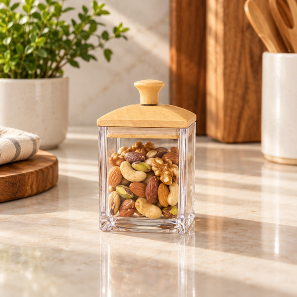 150ml square acrylic canister with light wood lid