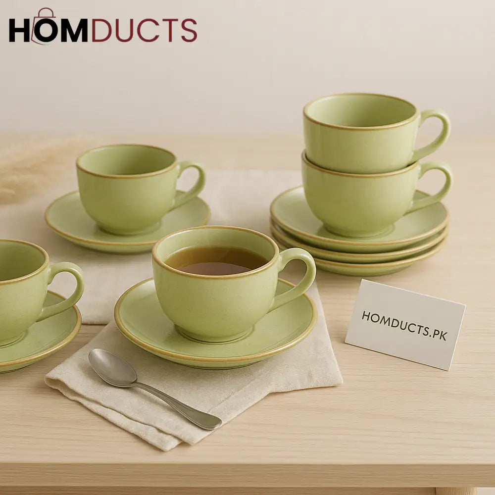 Lime Luxe 6-Piece Ceramic Teacup & Saucer Set – Golden Rimmed Elegance