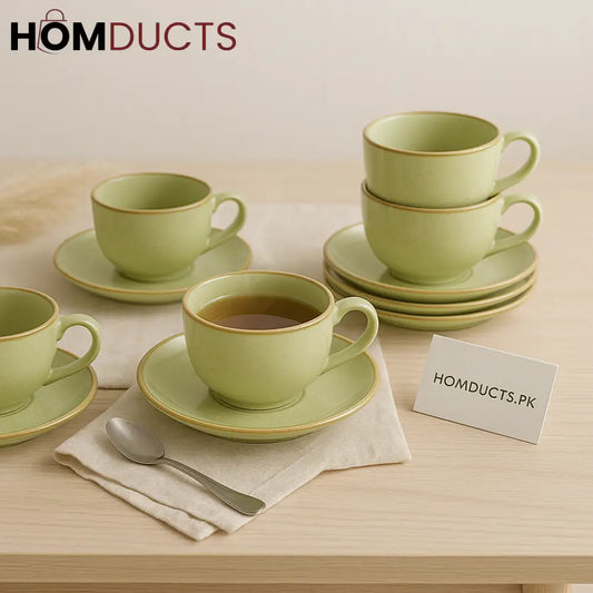 Lime Luxe 6-Piece Ceramic Teacup & Saucer Set – Golden Rimmed Elegance
