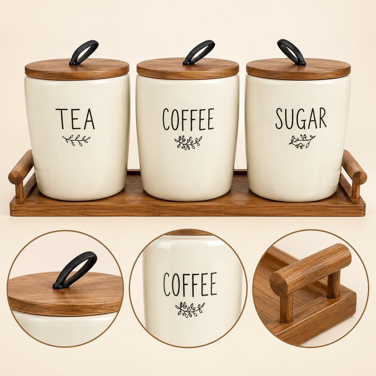 Loop-handle tea coffee sugar jar set feature infographic