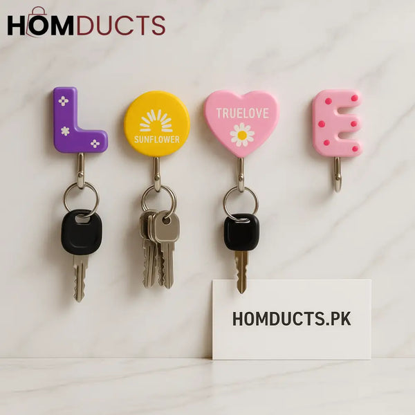 LOVE Themed Adhesive Wall Hooks – 4 Pcs Set | Multipurpose Key & Kitchen Organizer