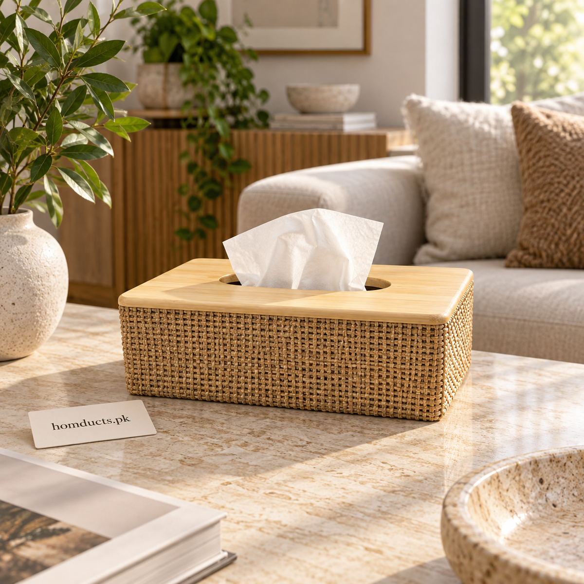 Rectangular bamboo woven tissue box cover