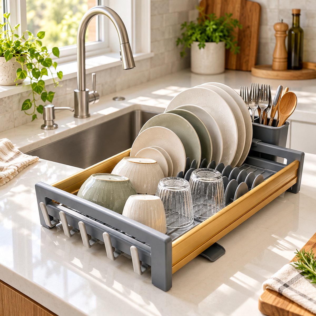 Premium Expandable Dish Drying Rack – Golden & Dark Grey lifestyle view