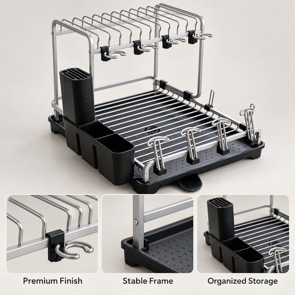 Premium Two-Tier Black Dish Drying Rack with Side Holders product features