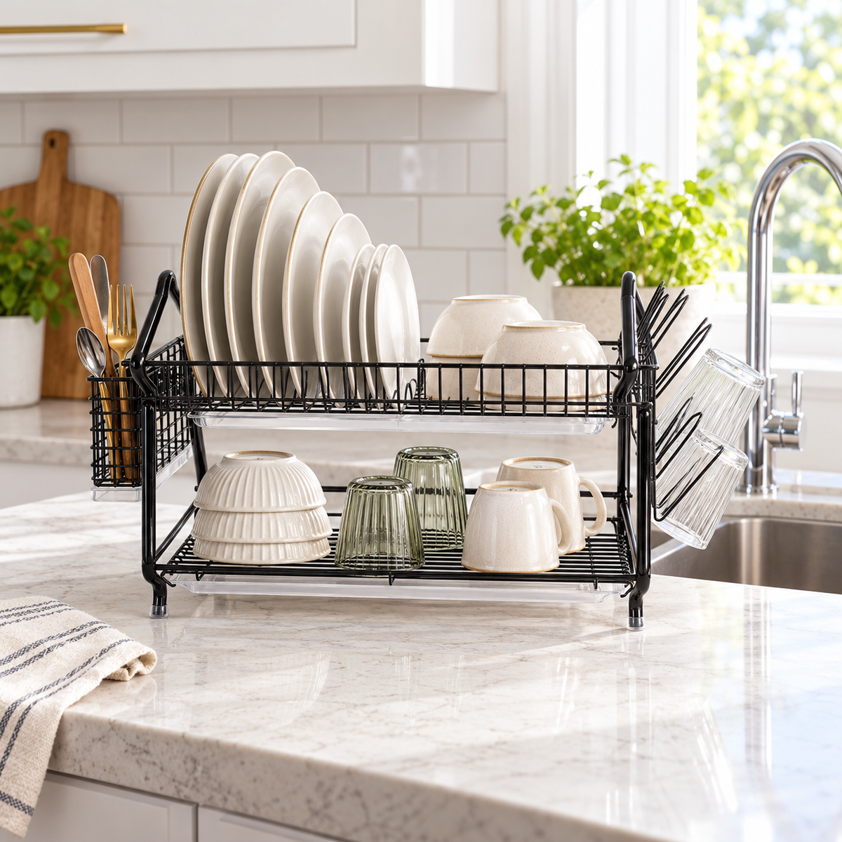 Premium Two-Tier Black Dish Drying Rack with Side Holders lifestyle view