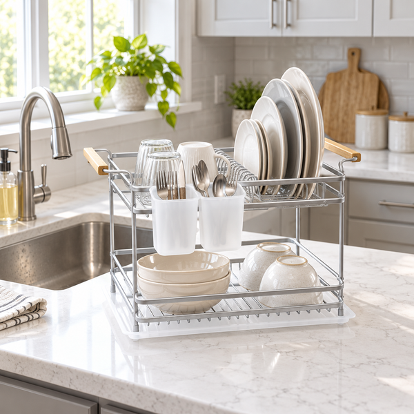 Multifunction Black Countertop Dish Drying Rack lifestyle view