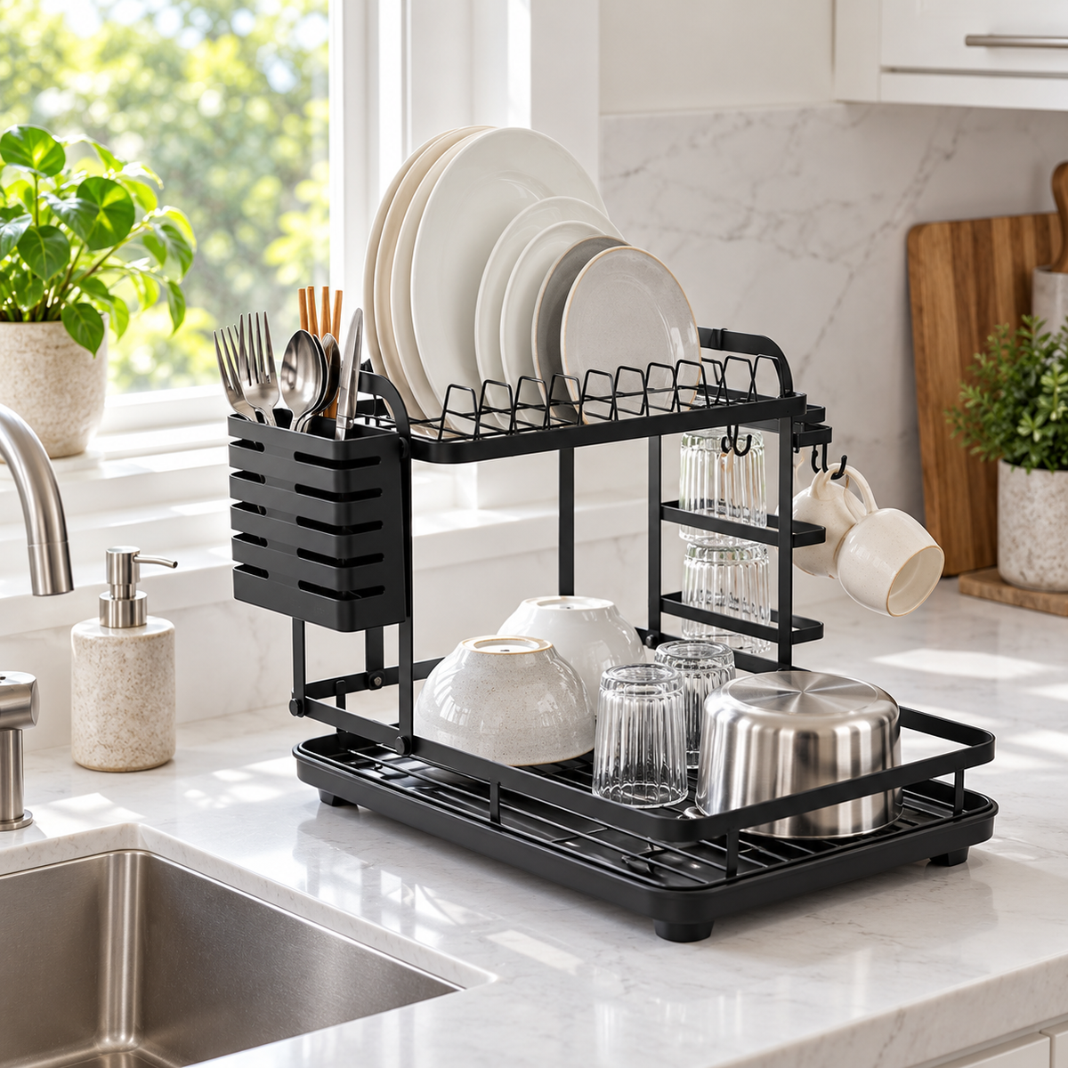 Multifunction White Countertop Dish Drying Rack lifestyle view