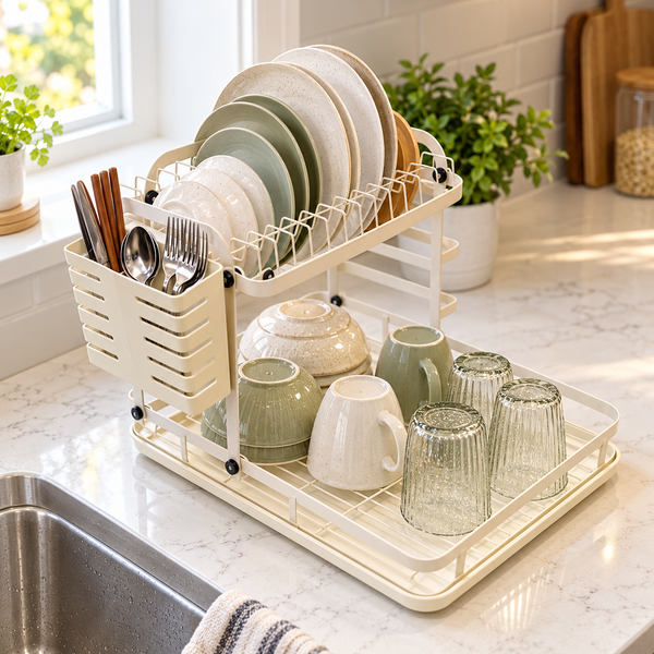 Luxury Golden Two-Tier Wire Dish Drying Rack lifestyle view