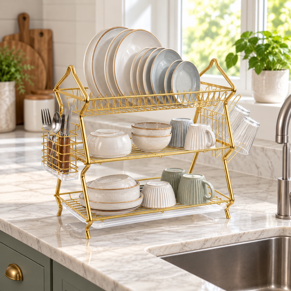 Premium Silver Two-Tier Wire Dish Drying Rack lifestyle view