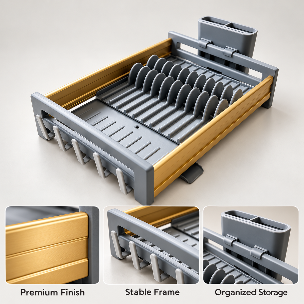 Modern Wood-Accent Countertop Dish Drying Rack product features