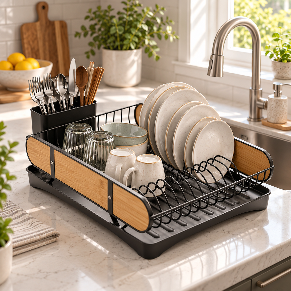 Modern Wood-Accent Countertop Dish Drying Rack lifestyle view