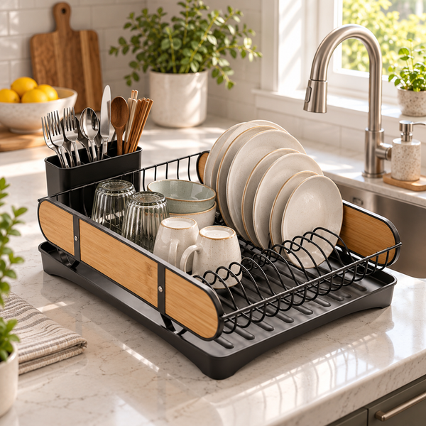 Modern Wood-Accent Countertop Dish Drying Rack lifestyle view