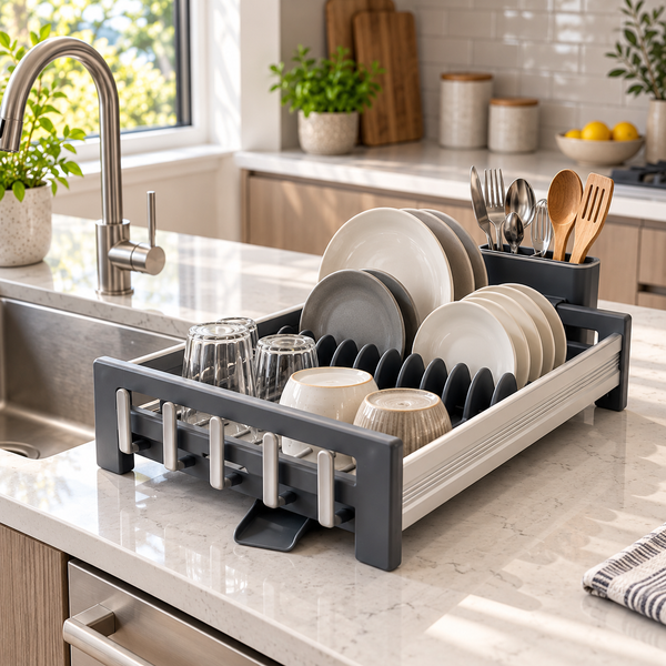Modern Expandable Black Dish Drying Rack lifestyle view