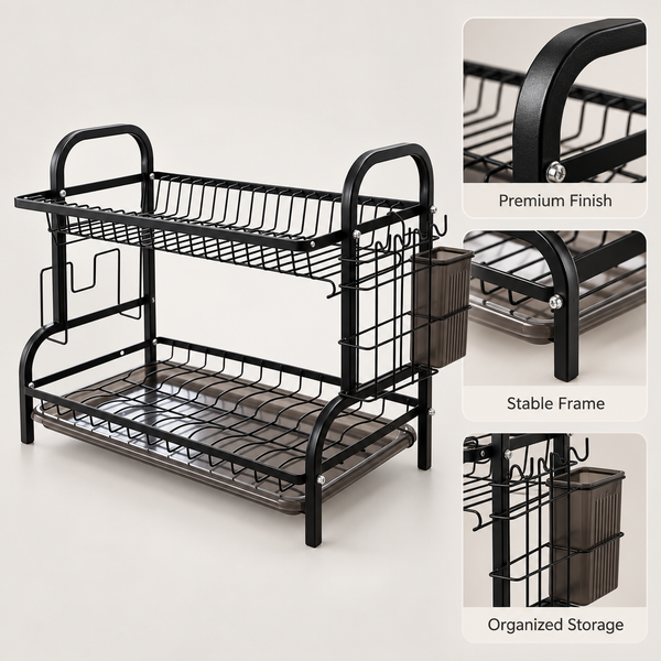 Premium Two-Tier Dish Drying Rack – Black & Wood product features