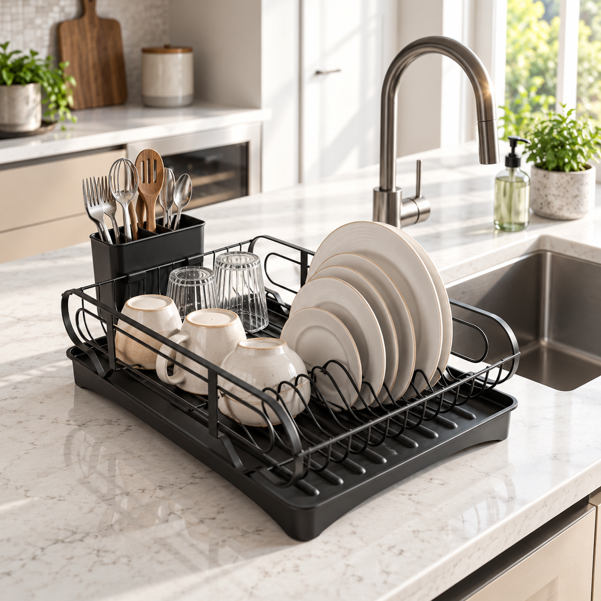 Premium Two-Tier Dish Drying Rack – Black & Wood lifestyle view