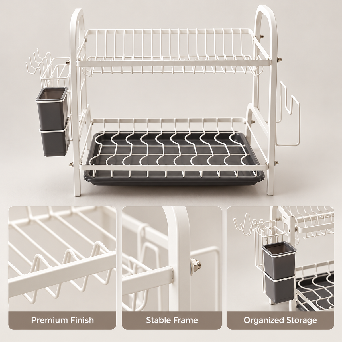 Luxury Two-Tier Dish Drying Rack – Green & Golden product features