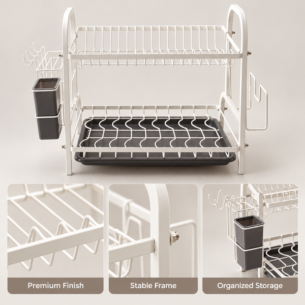 Luxury Two-Tier Dish Drying Rack – Green & Golden product features