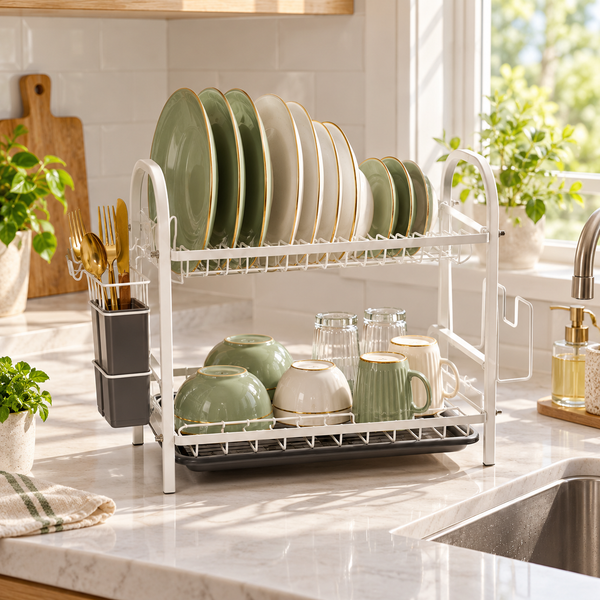 Luxury Two-Tier Dish Drying Rack – Green & Golden lifestyle view