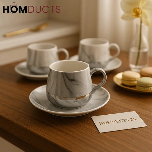 Luxe Marbled Ceramic Teacup & Dessert Plate Set – 6 Pcs Elegance Edition