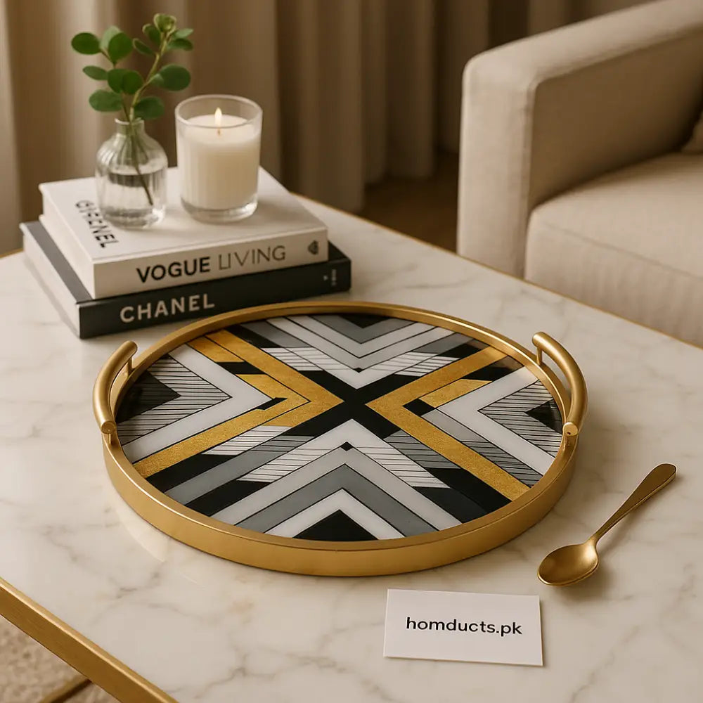 LuxEdge Geometric Gold Accent Tray – Round Designer Server
