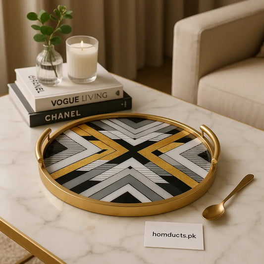 LuxEdge Geometric Gold Accent Tray – Round Designer Server