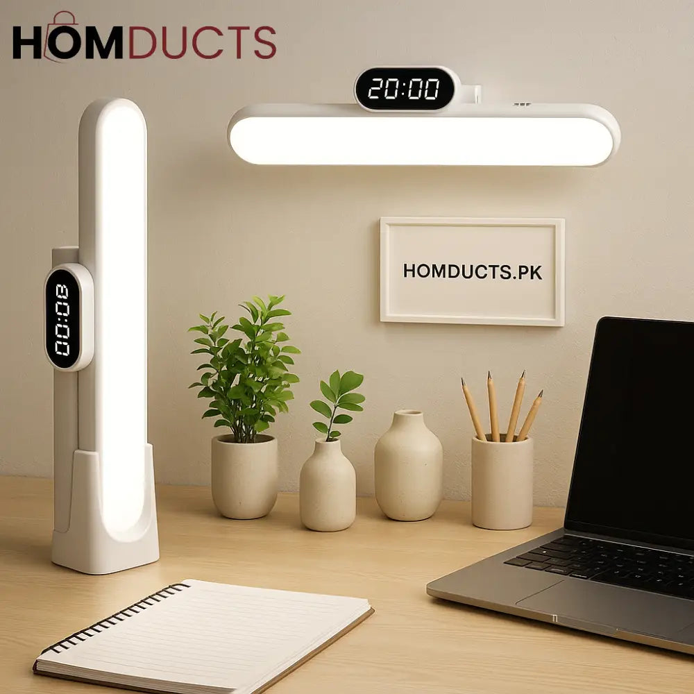 LuxeGlow LED Desk Lamp with Digital Clock – Minimalist Rechargeable Study & Work Light
