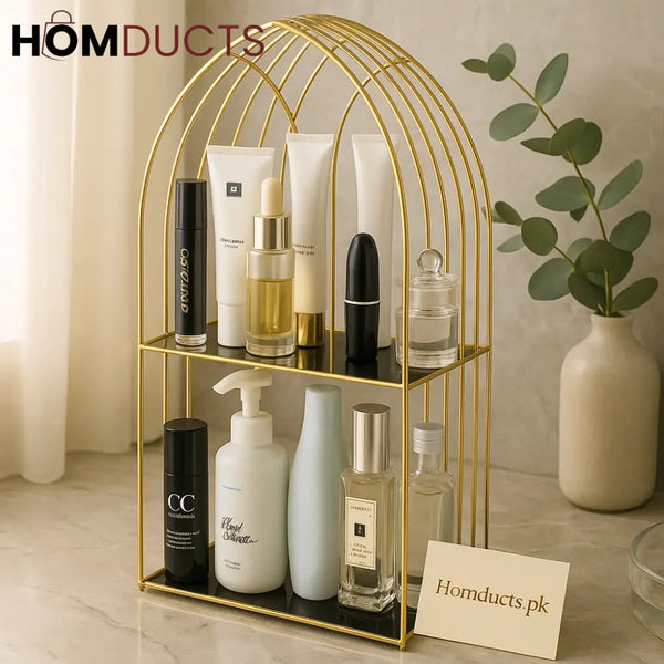 LuxeGold Arch Skincare Organizer – 2-Tier Cosmetic Display Rack