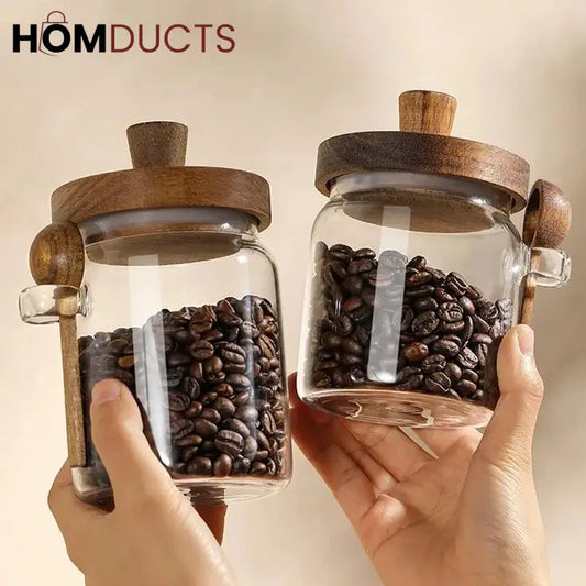 LuxeSeal Glass Jar with Wooden Lid & Spoon – Cinnamon Storage Canister (Small)