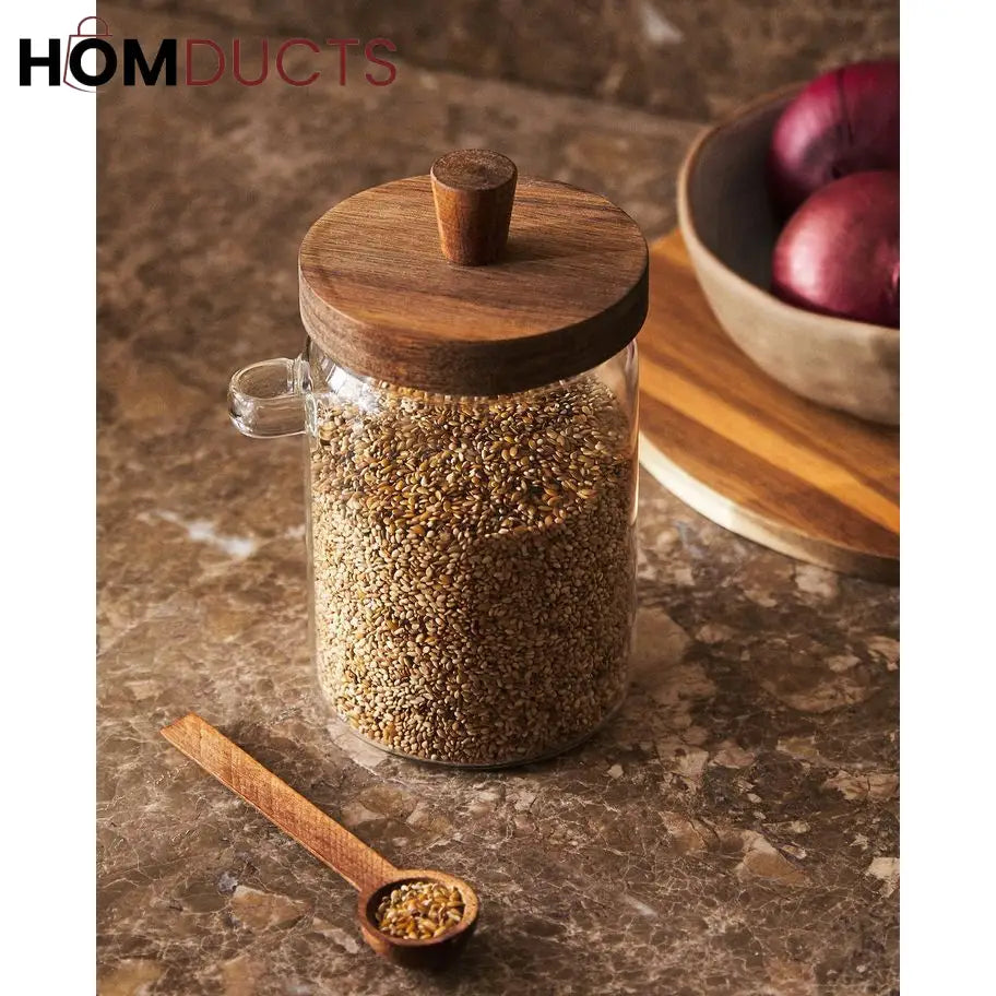 LuxeSeal Glass Jar with Wooden Lid & Spoon – Cinnamon Storage Canister (Small)