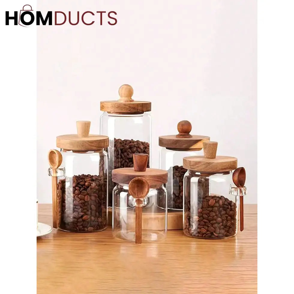 LuxeSeal Glass Jar with Wooden Lid & Spoon – Cinnamon Storage Canister (Small)