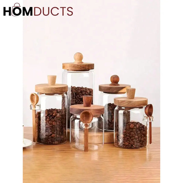 LuxeSeal Glass Jar with Wooden Lid & Spoon – Cinnamon Storage Canister (Small)