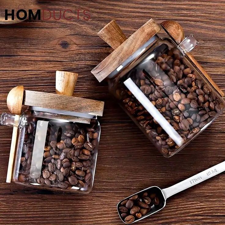 LuxeSeal Glass Jar with Wooden Lid & Spoon – Cinnamon Storage Canister (Small)