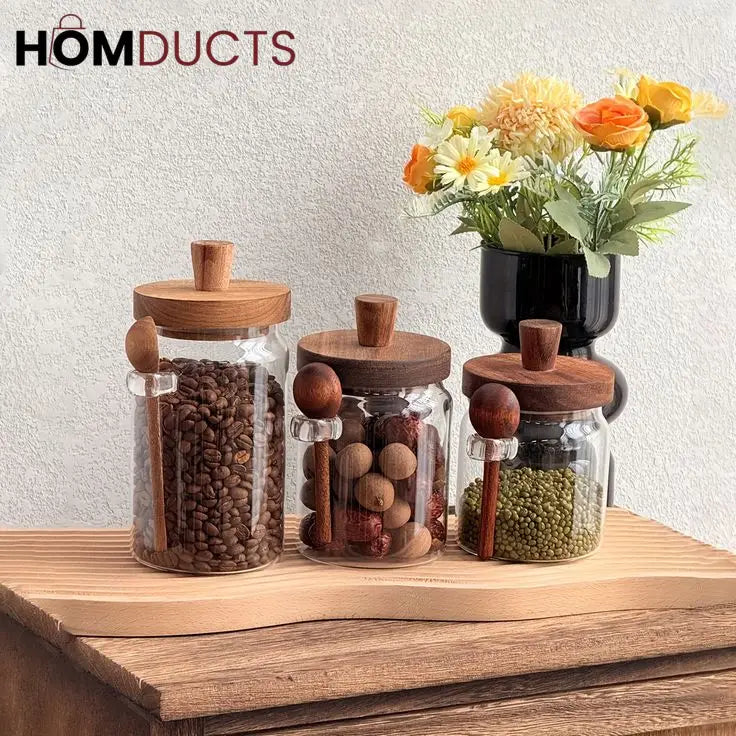 LuxeSeal Glass Jar with Wooden Lid & Spoon – Cinnamon Storage Canister (Small)