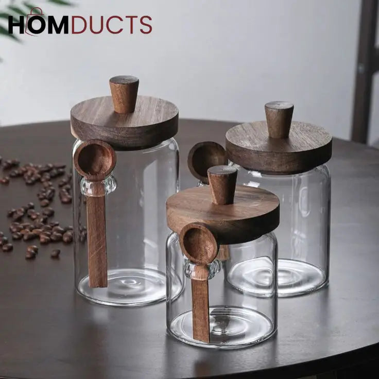 LuxeSeal Glass Jar with Wooden Lid & Spoon – Cinnamon Storage Canister (Small)