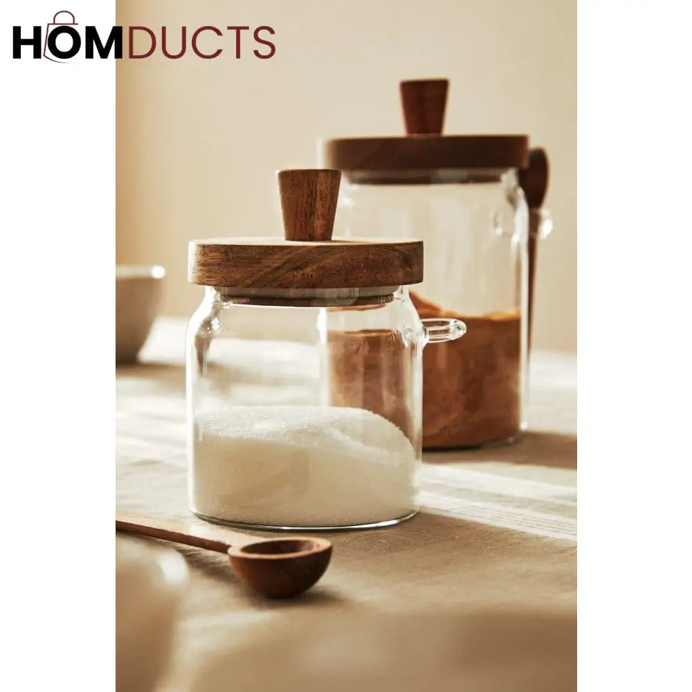 LuxeSeal Glass Jar with Wooden Lid & Spoon – Cinnamon Storage Canister (Small)