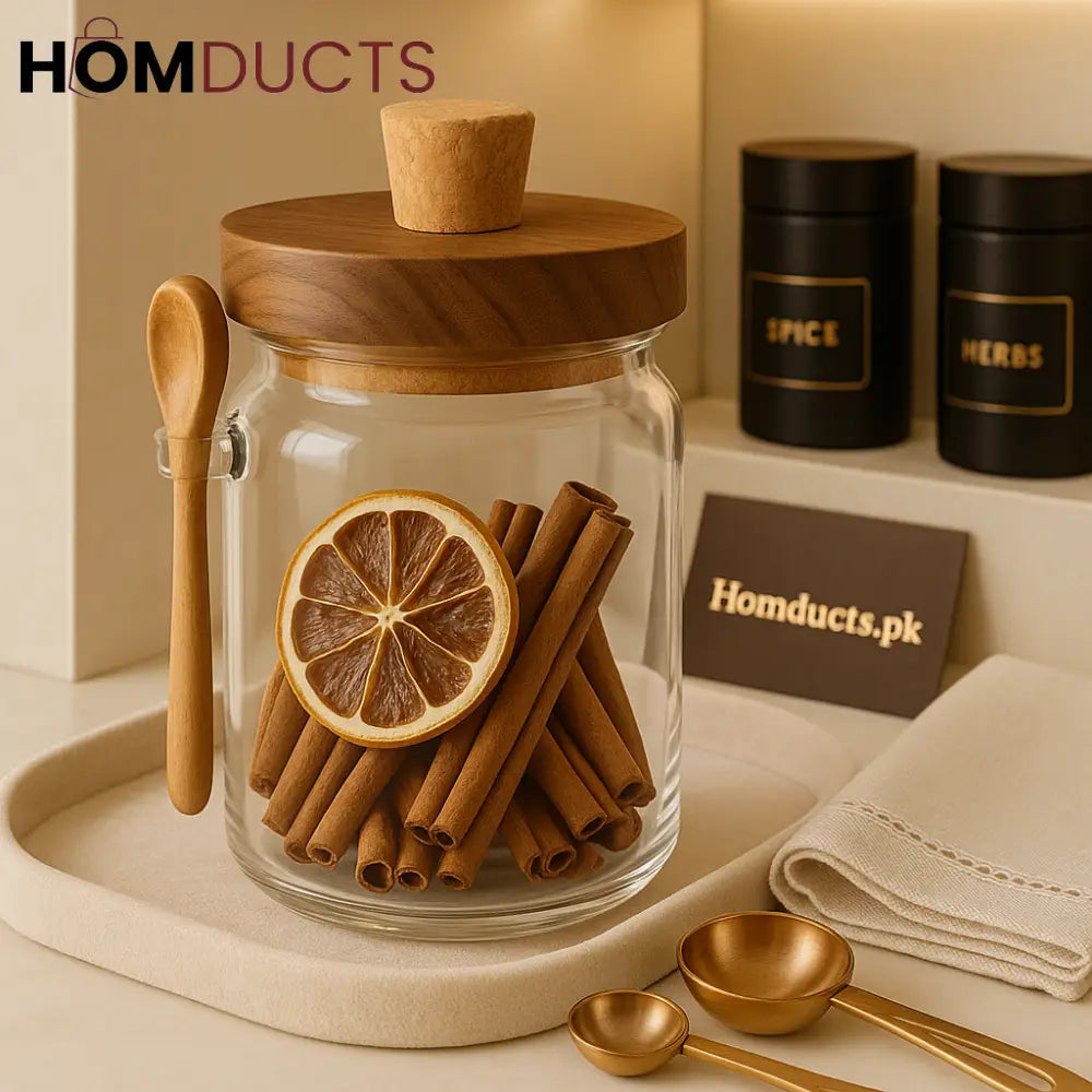 LuxeSeal Glass Jar with Wooden Lid & Spoon – Cinnamon Storage Canister (Small)