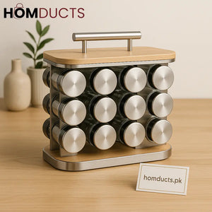 Luxury 12 Jar Rotating Spice Rack Organizer with Bamboo Top & Stainless Steel Lids