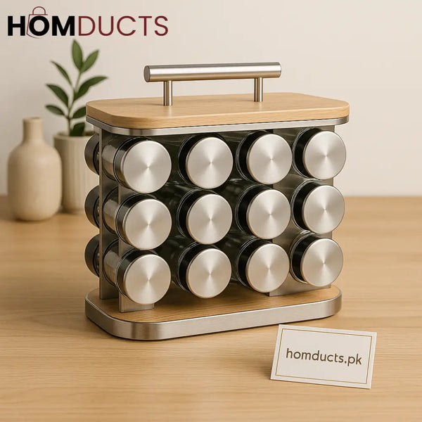 Luxury 12 Jar Rotating Spice Rack Organizer with Bamboo Top & Stainless Steel Lids
