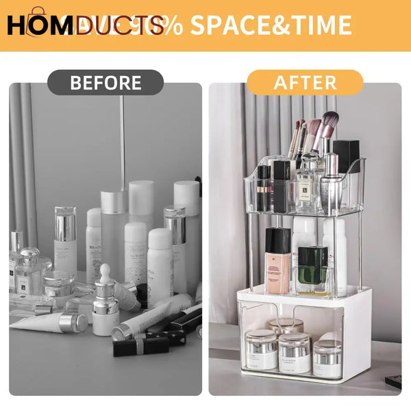 Luxury 2-Tier Acrylic Makeup & Skincare Organizer with Drawer – Space-Saving Cosmetic Storage