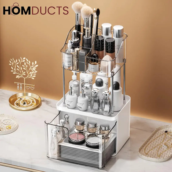Luxury 2-Tier Acrylic Makeup & Skincare Organizer with Drawer – Space-Saving Cosmetic Storage