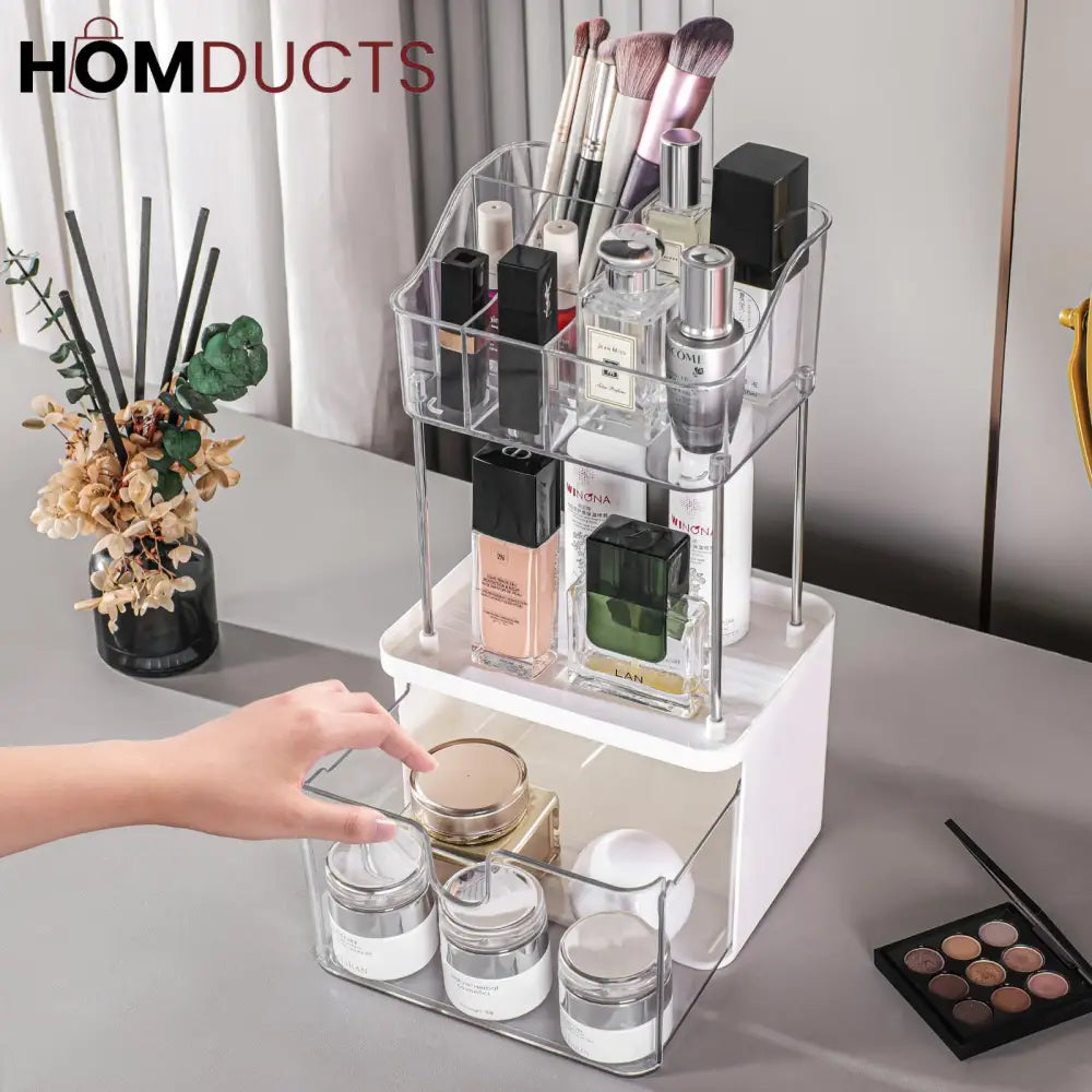 Luxury 2-Tier Acrylic Makeup & Skincare Organizer with Drawer – Space-Saving Cosmetic Storage