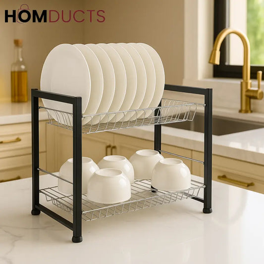 Luxury 2-Tier Dish Drying Rack with Plate Organizer – Matte Black & Chrome Finish