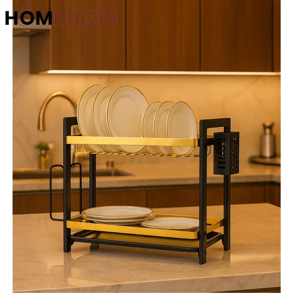 Luxury 2-Tier Dish Rack with Gold Accents – Modern Countertop Plate Organizer
