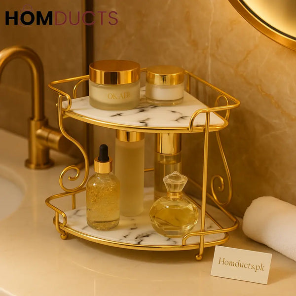 Luxury 2-Tier Marble Corner Shelf – Gold Metal Bathroom & Vanity Organizer Rack