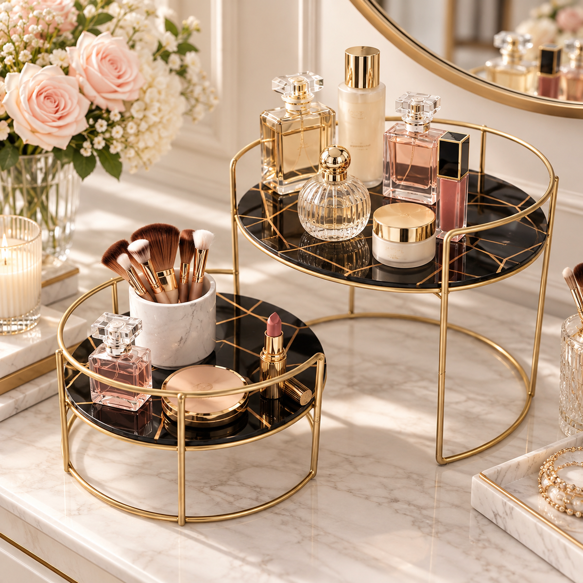 Luxury 2-tier vanity organizer with black base